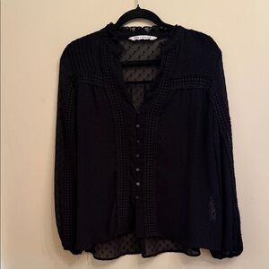 Zara Black Sheer Dotted Button-Front Blouse